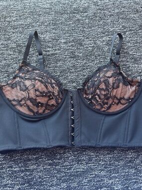 Garage Black Lace Longline Crop Bra with Nude Underlay
